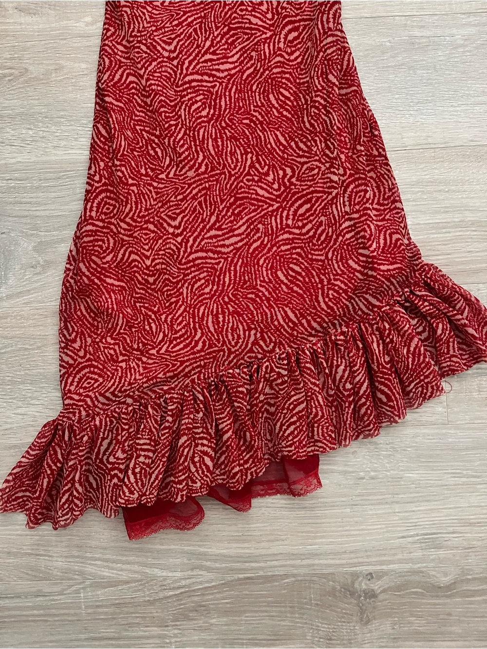 Vintage Betsey Johnson 90s Red Spaghetti-Strap Ruffled Hem Dress - Size XS (P) - Picture 3 of 8